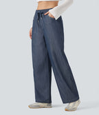 Pantalon décontracté large effet lin taille haute infroissable avec cordon et poches
