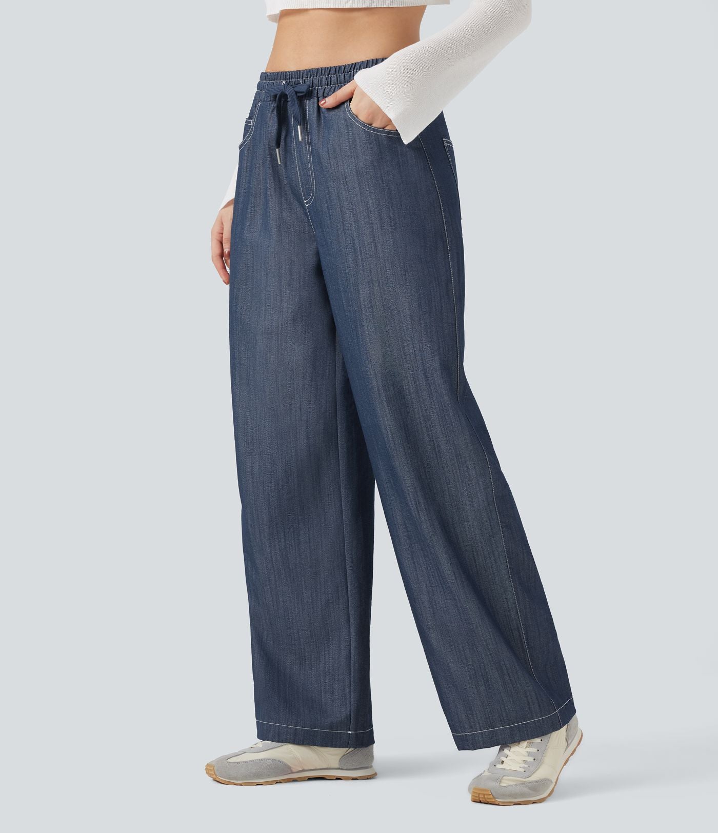 Pantalon décontracté large effet lin taille haute infroissable avec cordon et poches