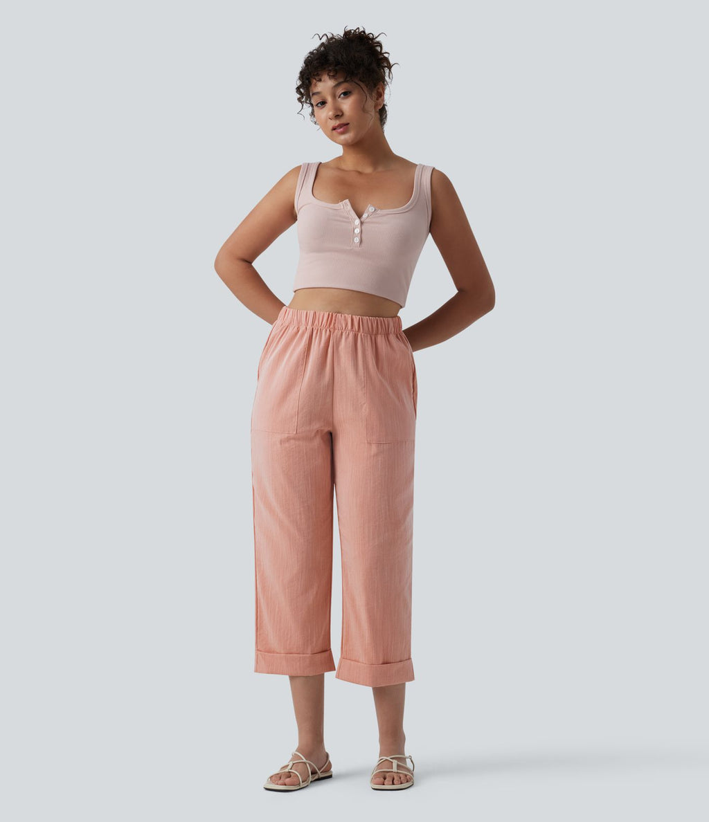 Pantalon casual court aspect lin coupe droite taille haute avec poches