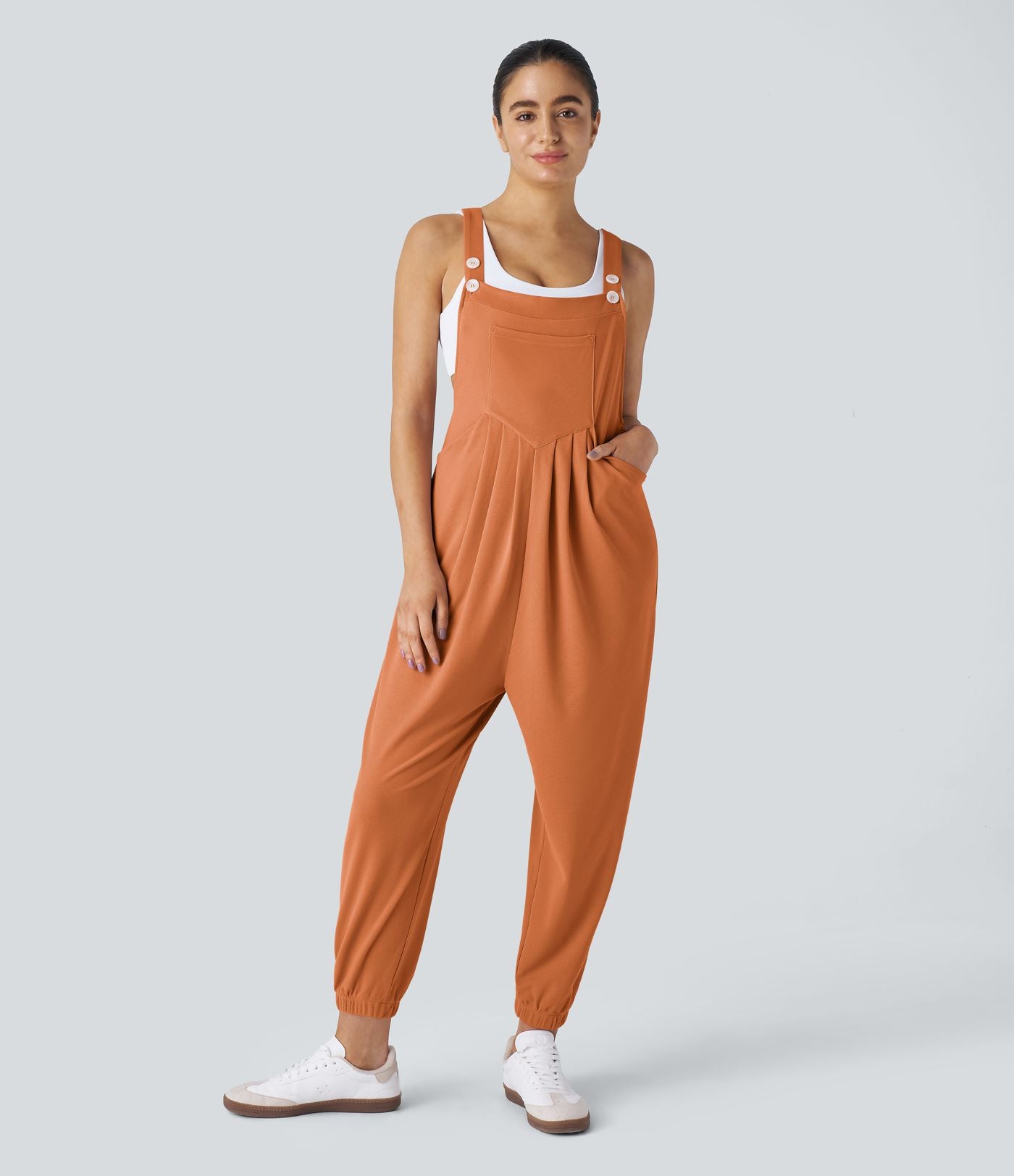 Salopette Casual Bretelles Ajustables Boutonnés Multiples Poches Plis et Tissu Gaufré