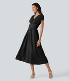 Robe midi casual fluide en mélange de lin col V à manches courtes avec dos noué et poches