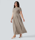 Robe longue évasée décontractée grande taille col officier manches courtes avec poches