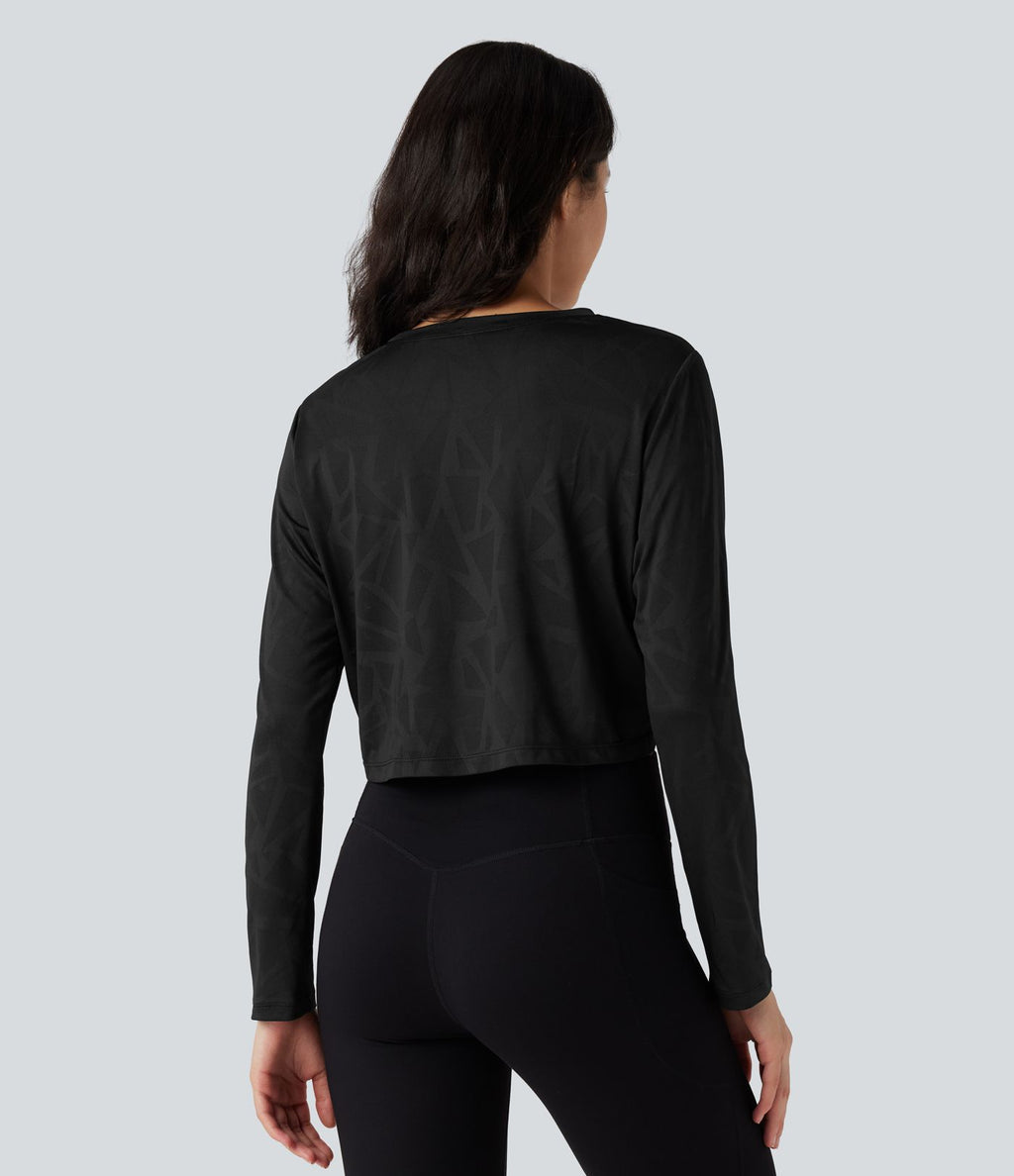 Top de sport yoga jacquard ourlet croisé col rond manches longues
