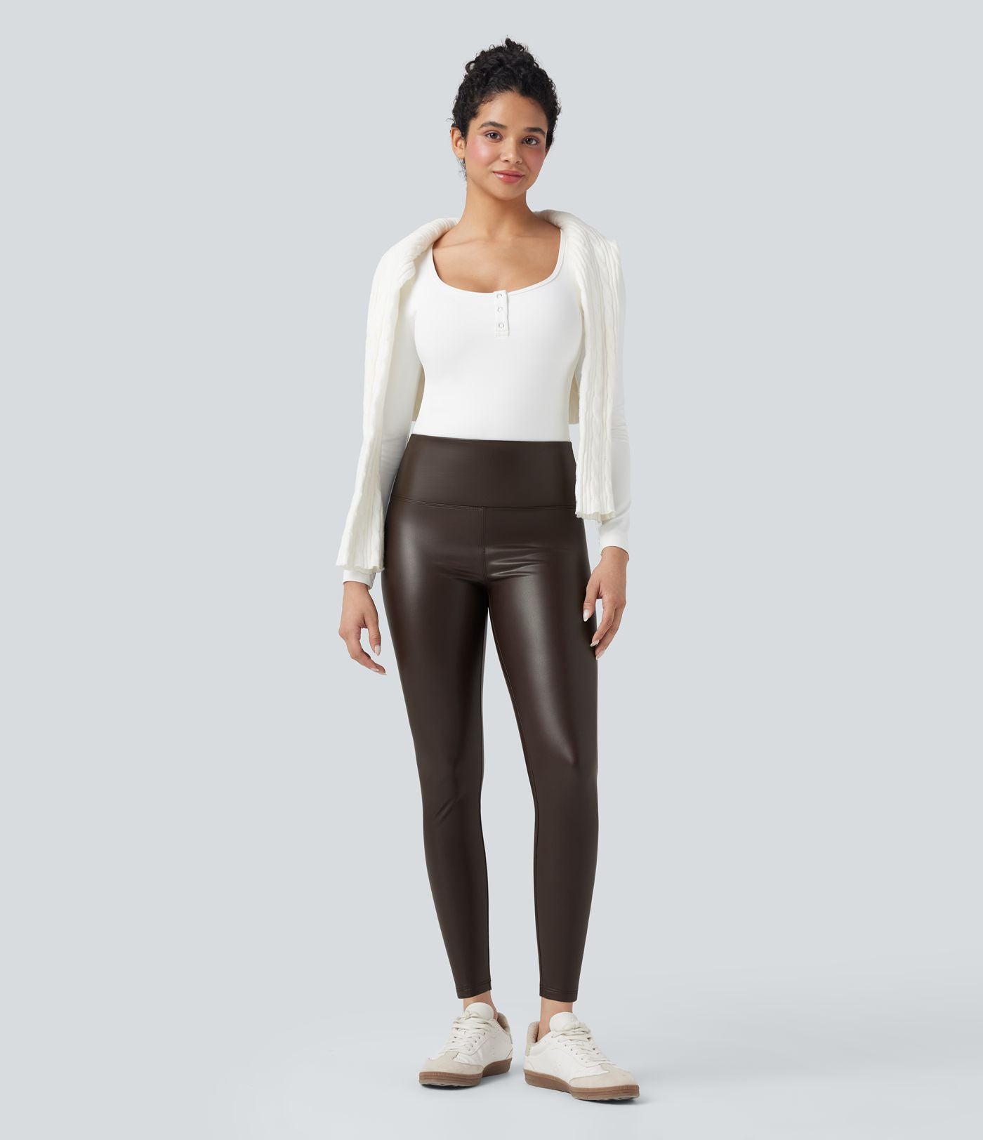 Pantalon 7/8 moulant décontracté polaire gainant taille haute extensible effet cuir avec poches