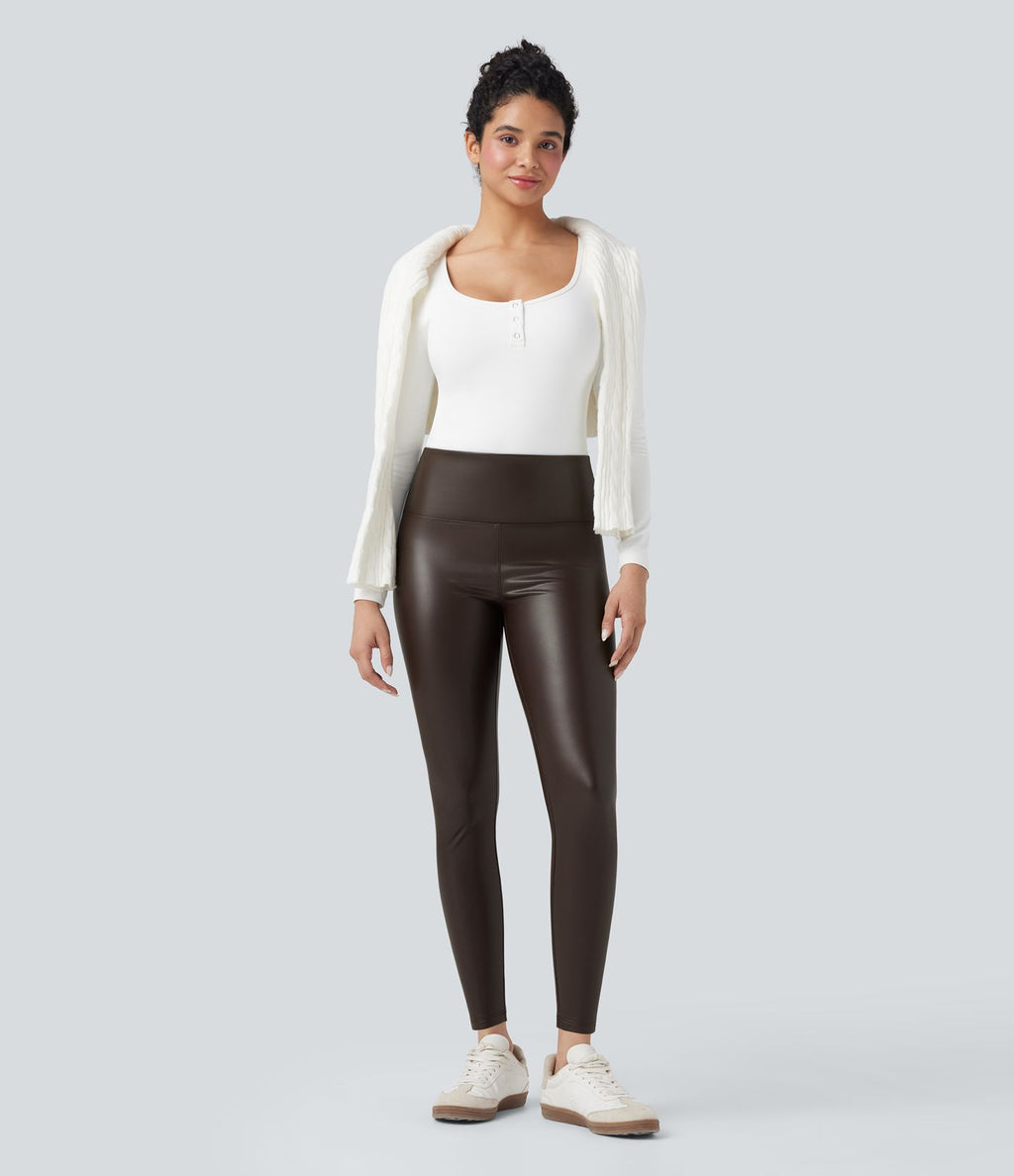 Pantalon 7/8 moulant décontracté polaire gainant taille haute extensible effet cuir avec poches