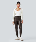 Pantalon 7/8 moulant décontracté polaire gainant taille haute extensible effet cuir avec poches