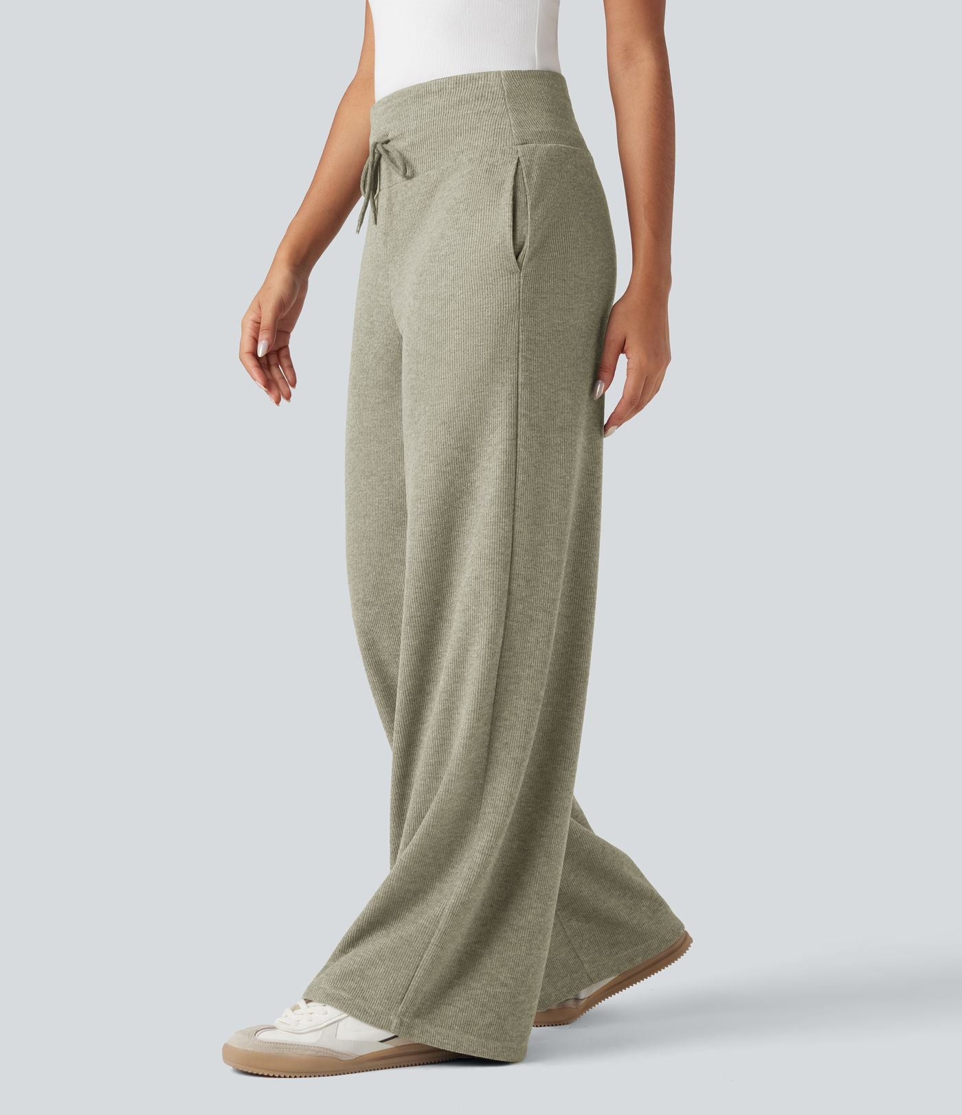 Pantalon jogging large décontracté côtelé gainant taille haute avec cordon de serrage et poches