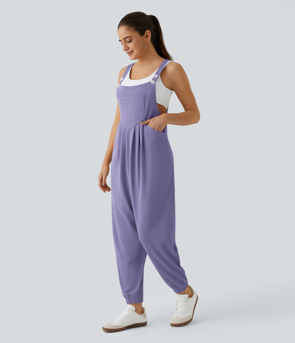 Salopette Casual Bretelles Ajustables Boutonnés Multiples Poches Plis et Tissu Gaufré