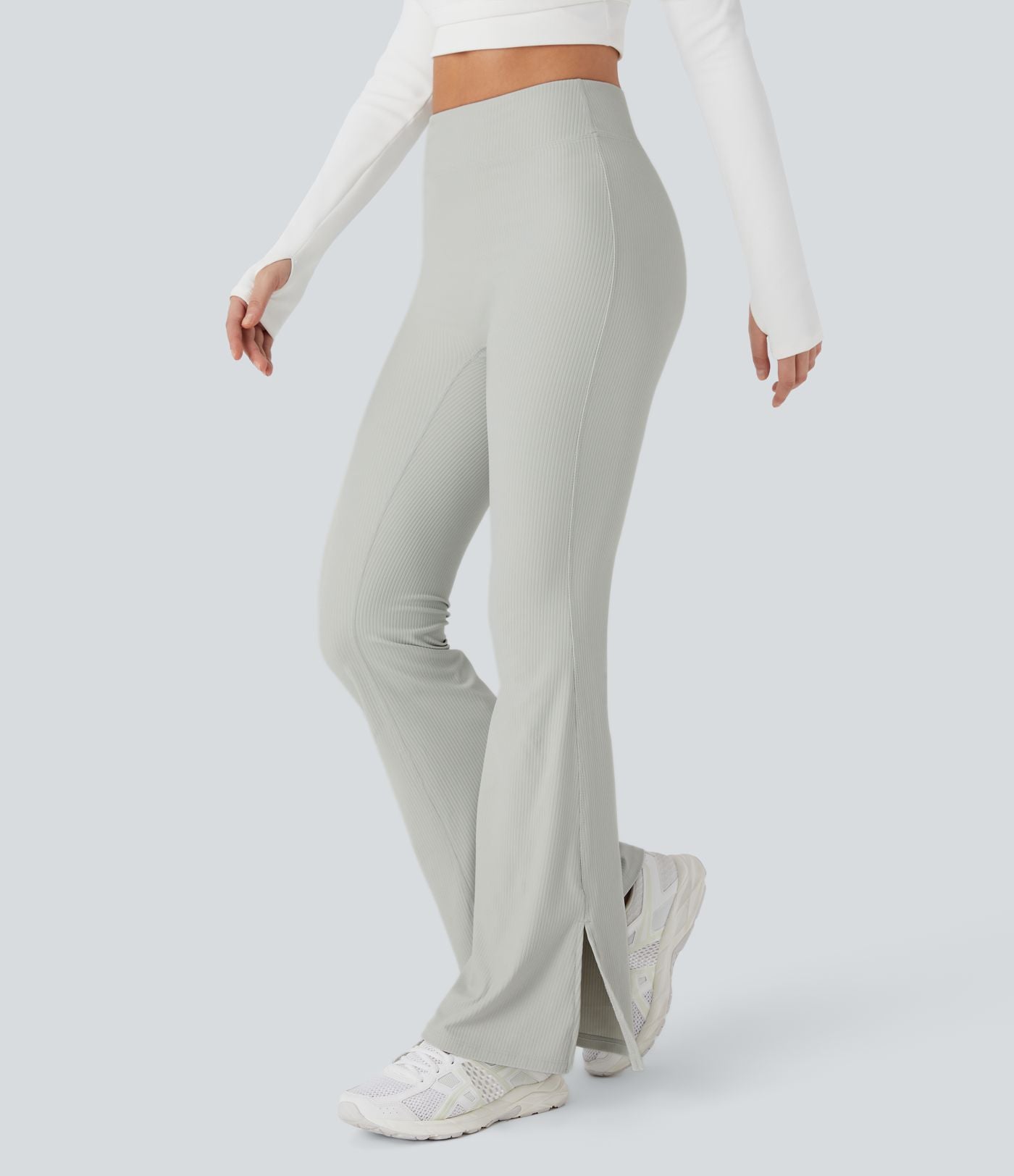 Pantalon Yoga Longs Taille Haute Évasés Fente en Tricot Côtelé