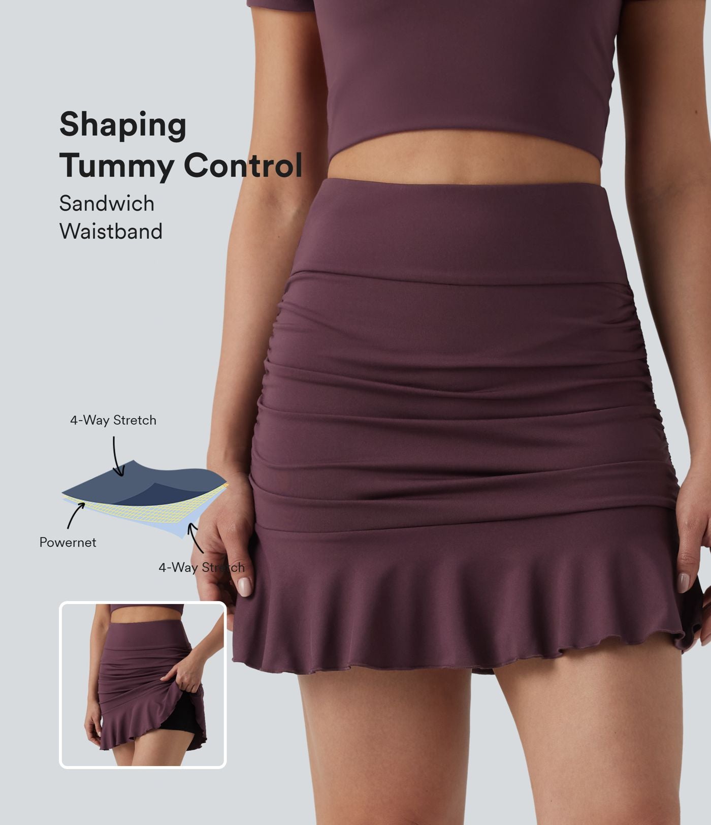 Jupe-short mini moulante décontractée ventre plat 2-en-1 froncée ourlet à volants taille haute