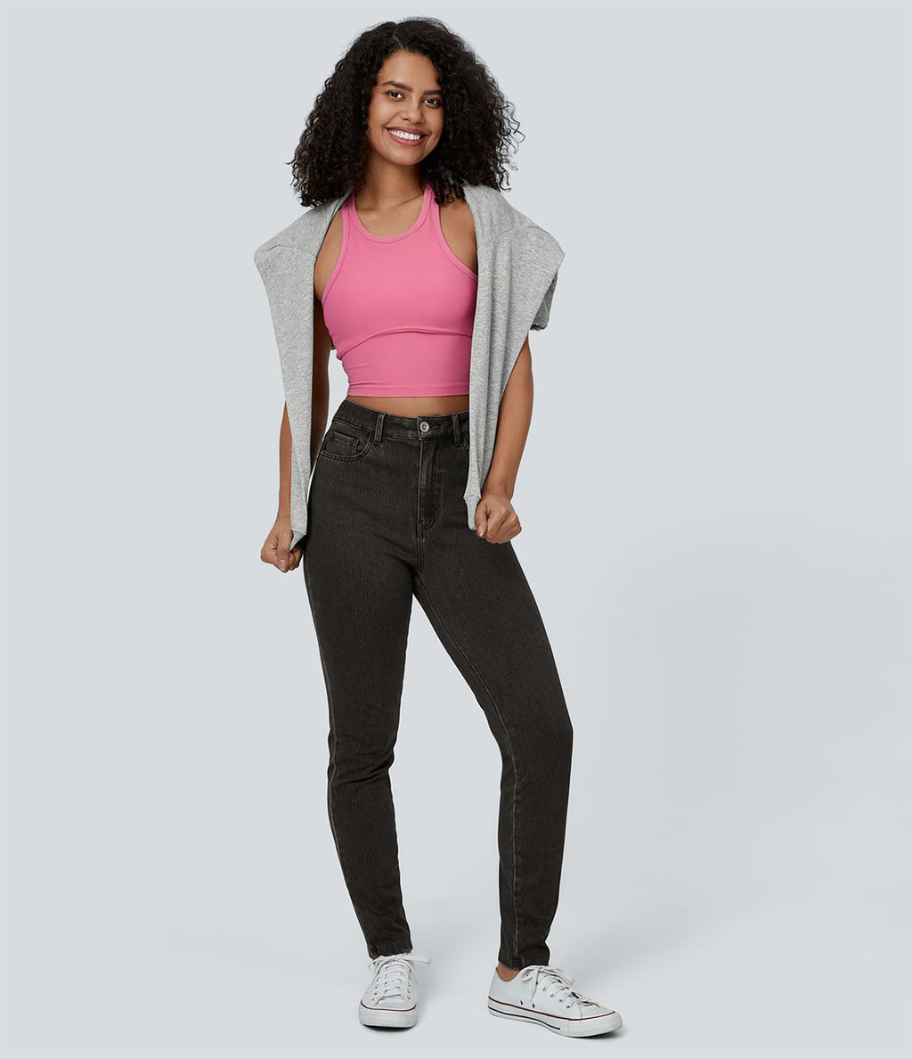 Halara Flex™ Jean Slim Taille Haute avec Bouton Fermeture Éclair Tricot Extensible Multipoches