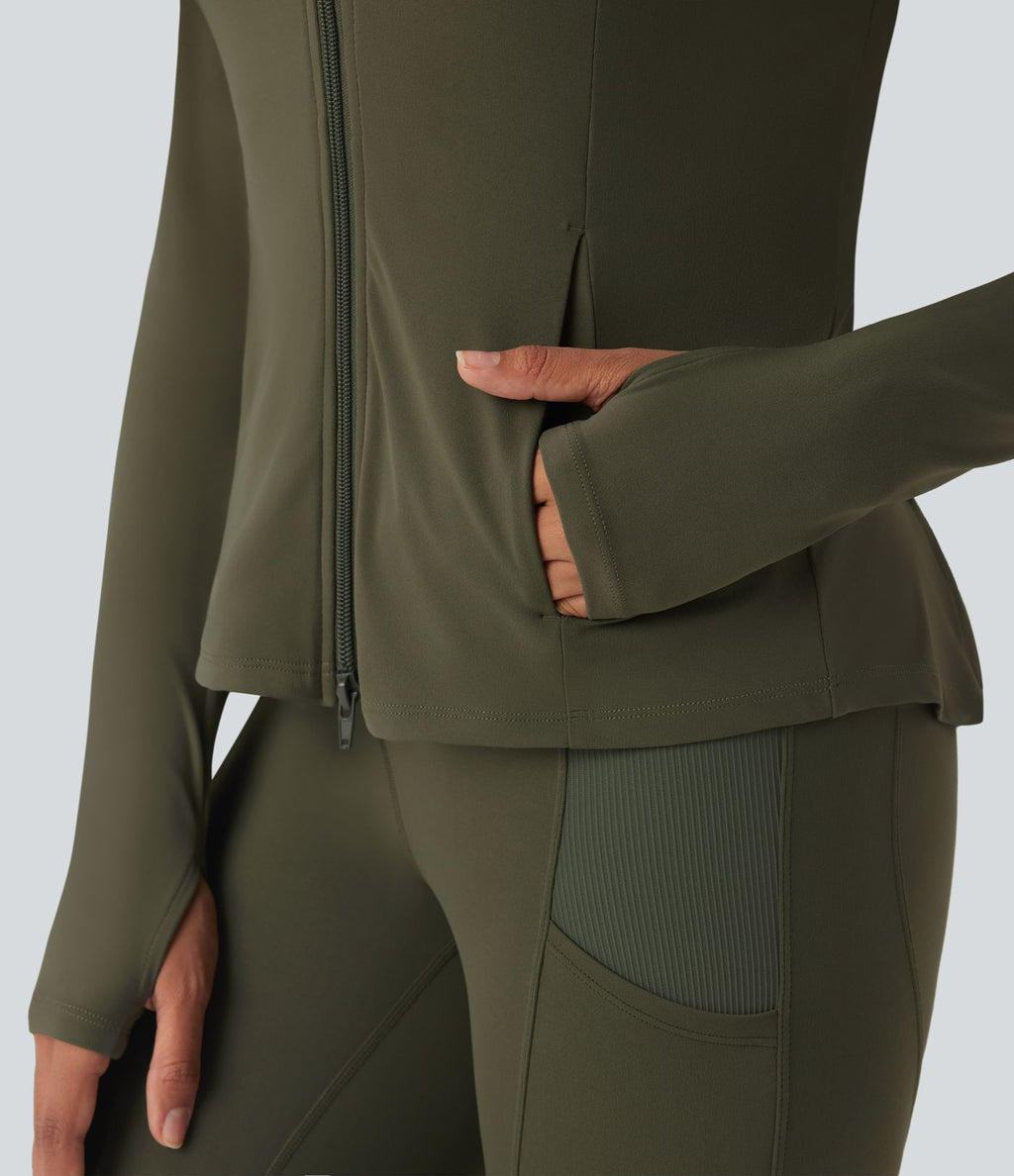 Veste SoftlyZero™ à capuche manches longues avec trous pouces détails plissés et poches-UPF50+