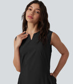 Robe mi-longue évasée de travail col cranté sans manches avec poches