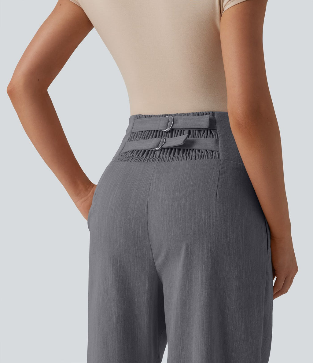 Pantalon large casual aspect lin taille très haute smocké réglable avec poches