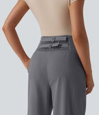 Pantalon large casual aspect lin taille très haute smocké réglable avec poches