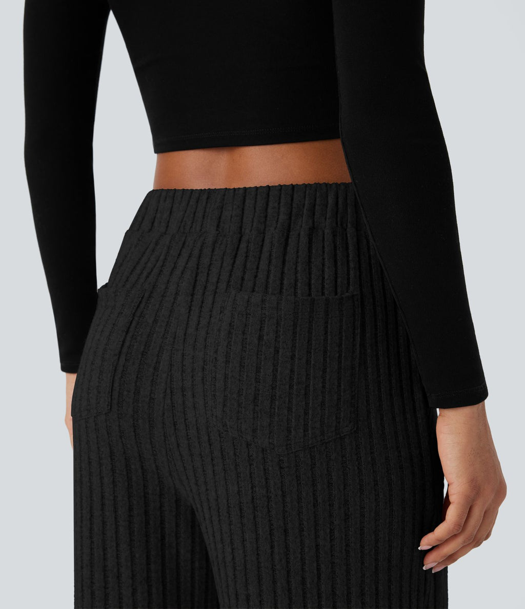 Pantalon large décontracté côtelé taille haute avec poches multiples