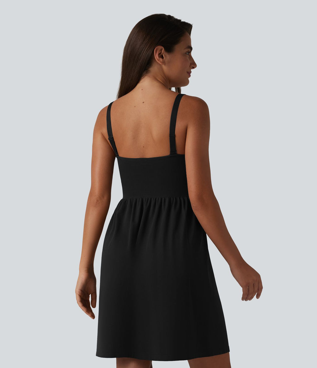 OneForm Seamless Flow Robe casual mini froncée sans couture à décolleté plongeant en V sans manches avec brassière intégrée