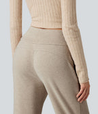 Pantalon large fluide côtelé taille haute avec cordon de serrage et poches