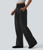 Pantalon large taille haute en tissu froissé froncé séchage rapide avec poches