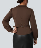Chemise tailleur froncée asymétrique col V manches longues