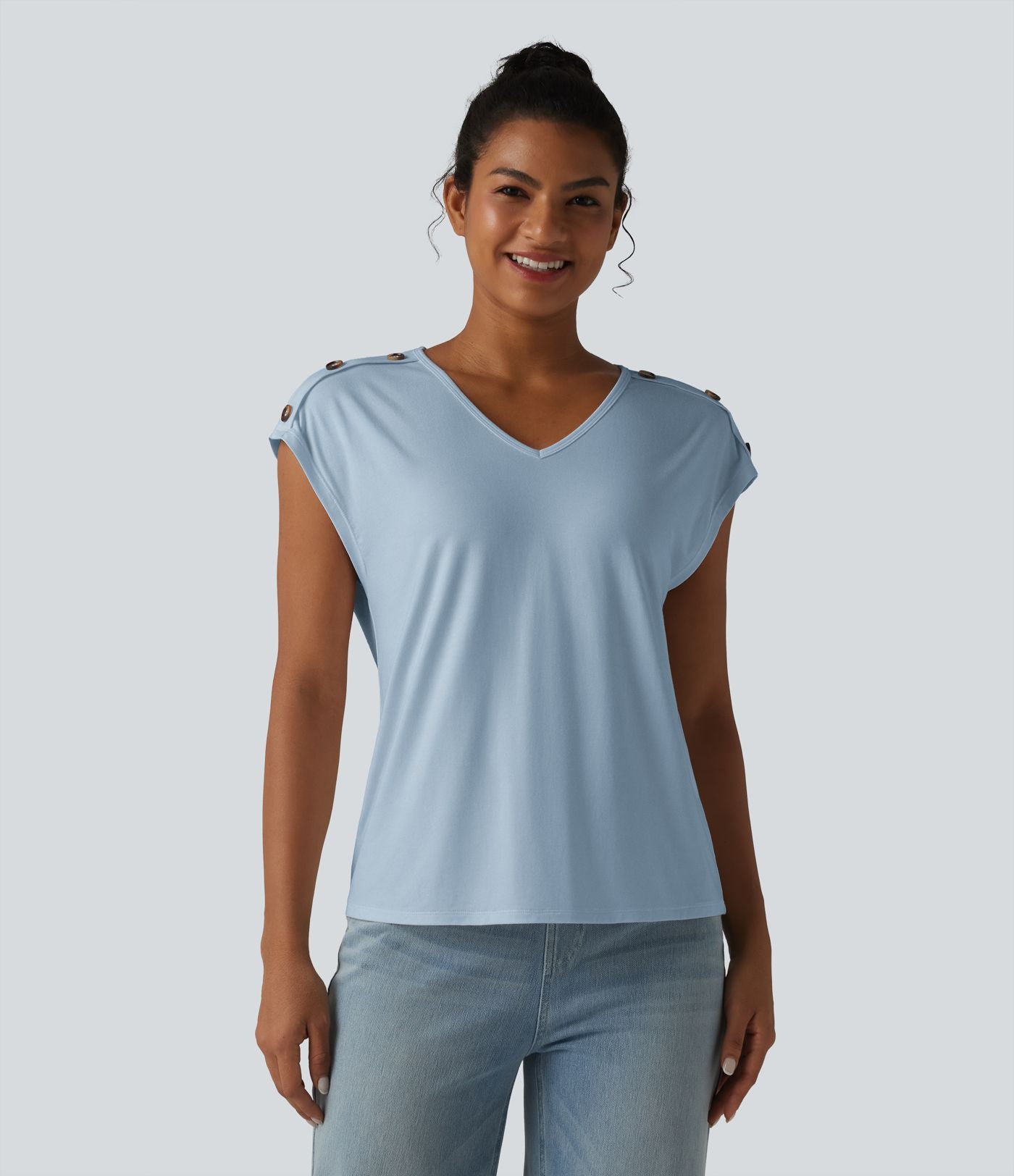 T-shirt décontracté col V manches courtes boutons décoratifs