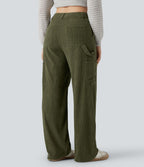 Pantalon décontracté droit en velours côtelé, taille haute, avec poches
