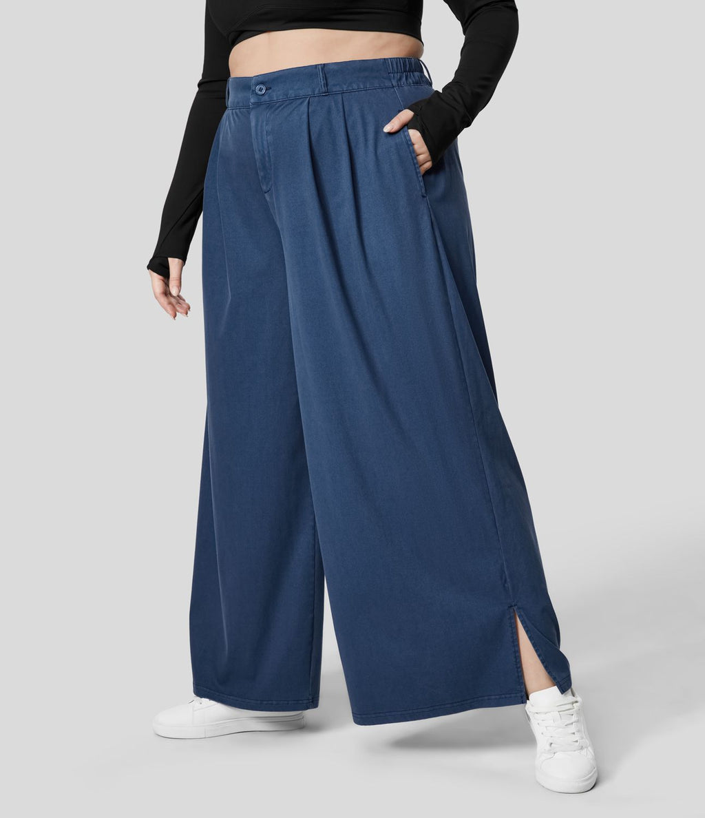 Pantalon Large Casual Taille Haute Boutonnés Fermeture Éclair Plissé Poches Latérales Ourlet Fendu Grande Taille