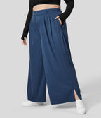Pantalon Large Casual Taille Haute Boutonnés Fermeture Éclair Plissé Poches Latérales Ourlet Fendu Grande Taille