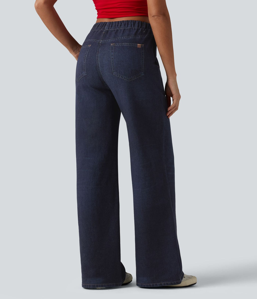 Jogging jean décontracté en molleton French Terry imprimé denim taille mi-haute avec poches
