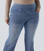 Jean décontracté Halara Flex™ grande taille bootcut taille haute en maille extensible délavée avec multiples poches