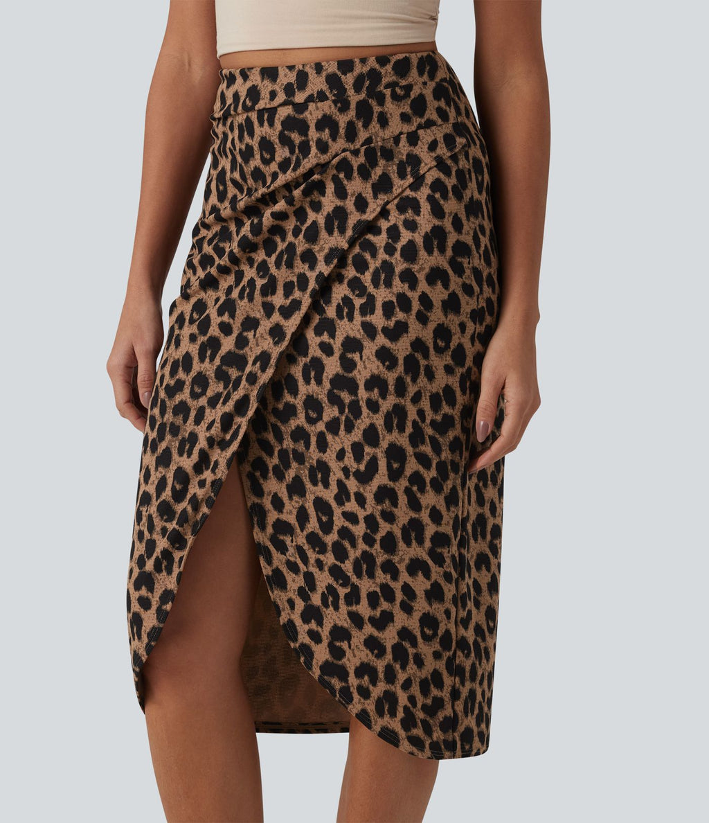 Jupe midi casual tulipe taille haute froncée en tissu gaufré imprimé léopard