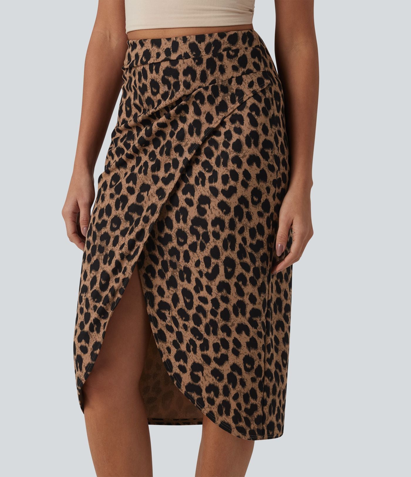 Jupe midi casual tulipe taille haute froncée en tissu gaufré imprimé léopard