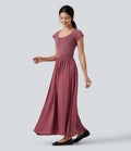 Robe maxi casual fluide col U manches courtes