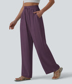 Pantalon casual large fluide mélange lin taille haute avec cordon de serrage et poches