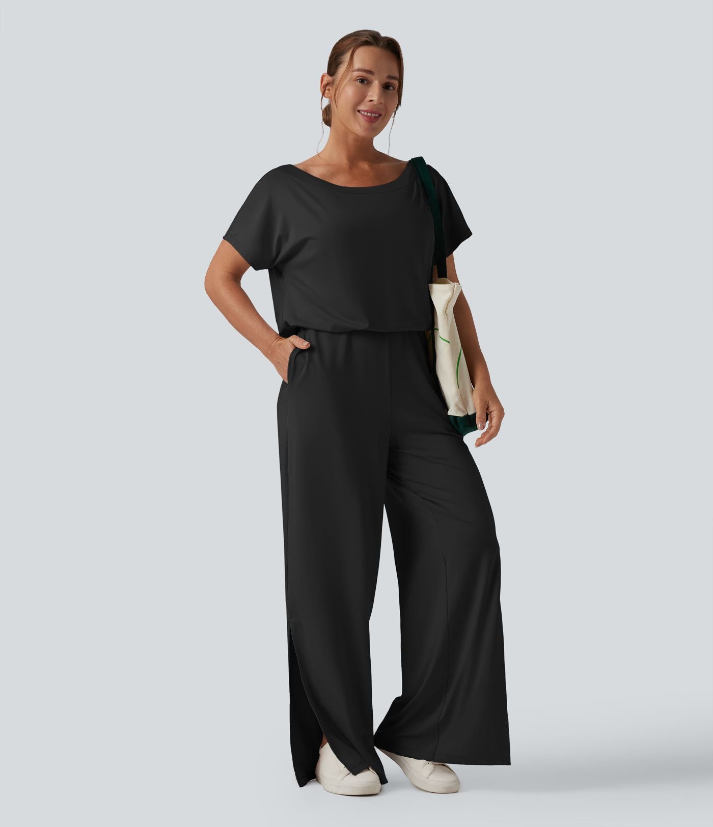 Combinaison casual asymétrique manches courtes avec poches et fente - Easy Peasy