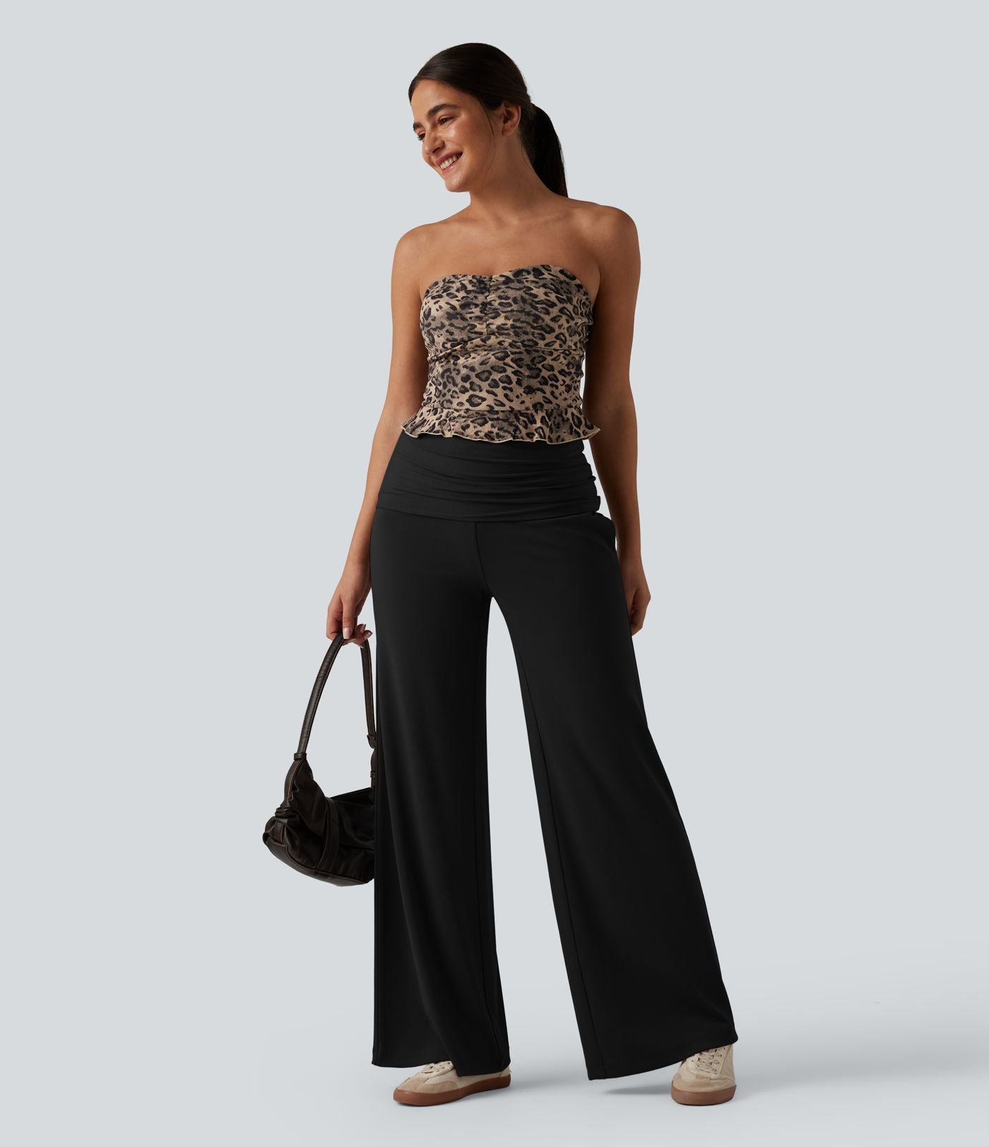 Pantalon ample décontracté en maille côtelée taille très haute rabattable avec poches