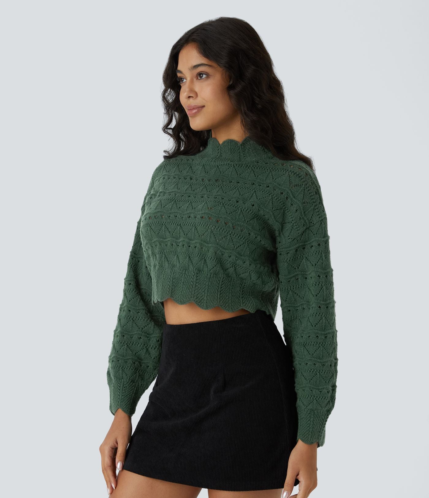 Pull décontracté à col montant, manches évêque, ourlet festonné et maille ajourée