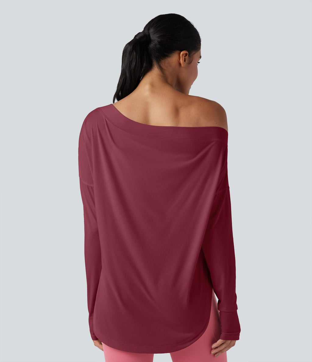 Top de sport yoga une épaule séchage rapide ourlet arrondi asymétrique manches longues avec trous pouces - Brassière intégrée