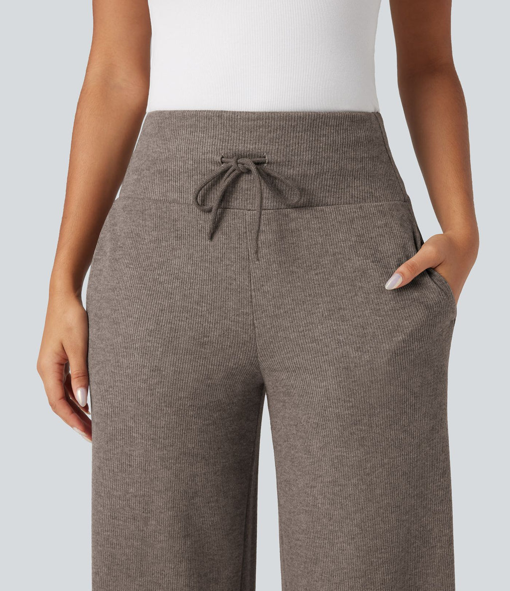 Pantalon jogging large décontracté côtelé gainant taille haute avec cordon de serrage et poches
