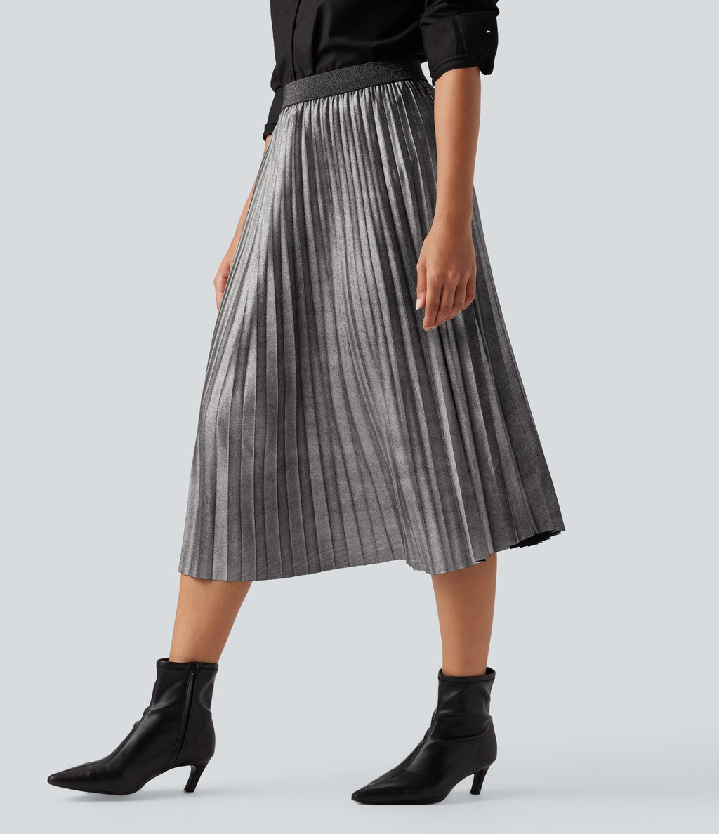 Jupe midi plissée taille haute, effet sparkle