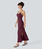 Robe Soirée Midi Encolure Côtelée Dos Nu Lacets Croisés Fendue