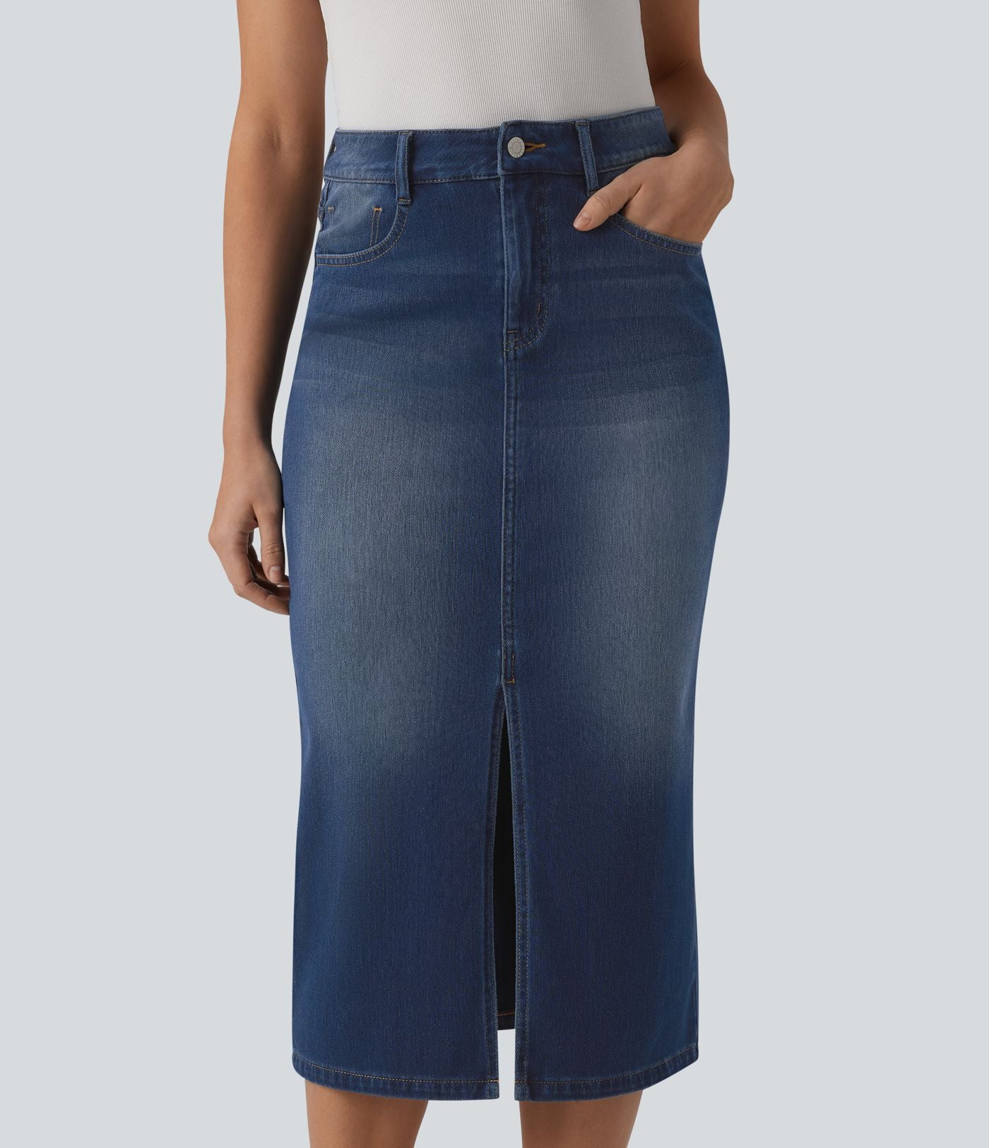 Halara Flex™ Jupe droite midi en denim taille haute avec fente et poches