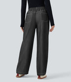 Pantalon décontracté large effet lin taille haute infroissable avec cordon et poches