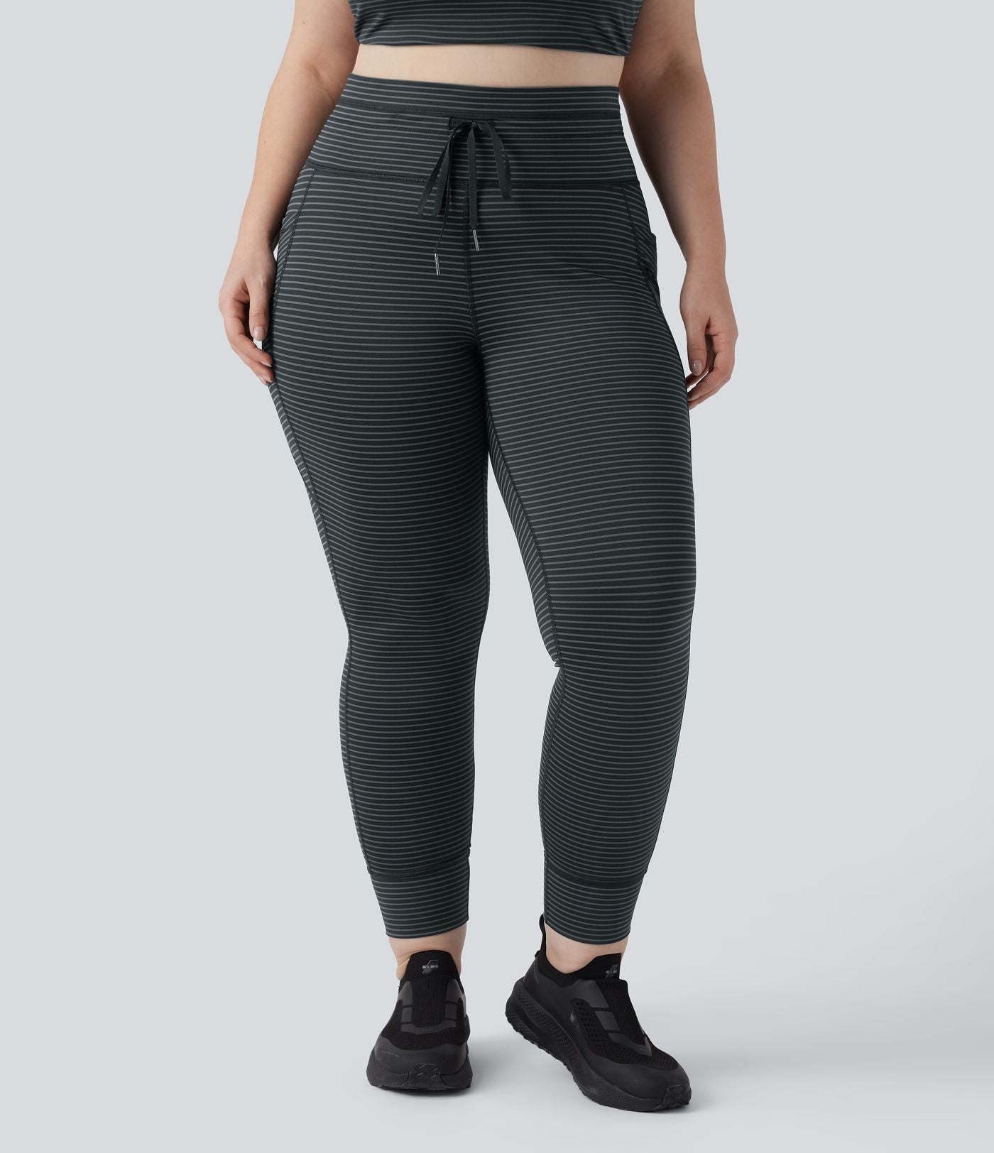 Legging yoga grande taille taille haute avec cordon de serrage à rayures avec poches