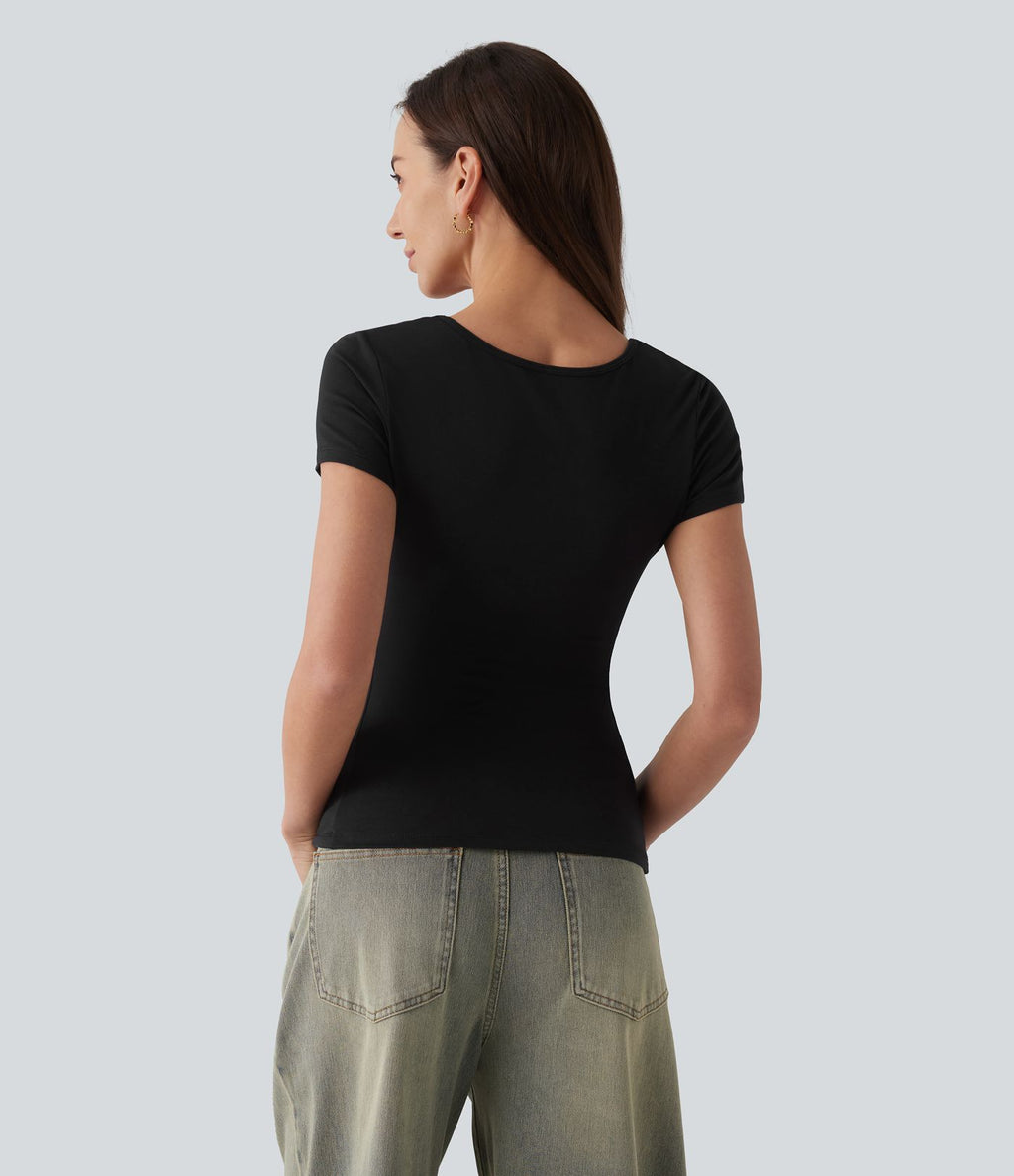 T-shirt Halara décontracté en jersey de coton, col carré, manches courtes, coupe ultra-ajustée effet chiné