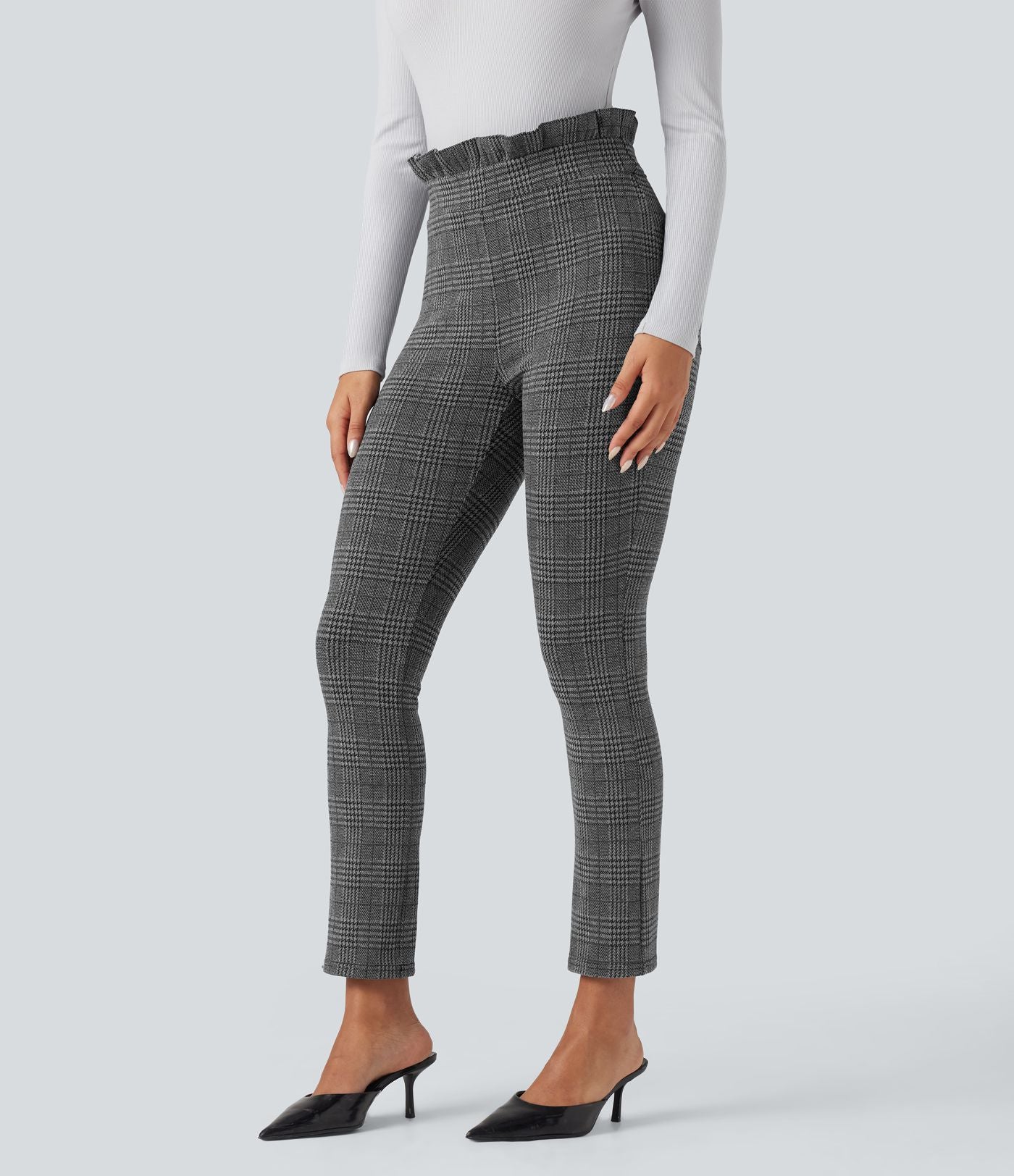 Pantalon tailleur skinny Halara Flex™ paper bag pied-de-poule carreaux taille haute à nœud avec poches
