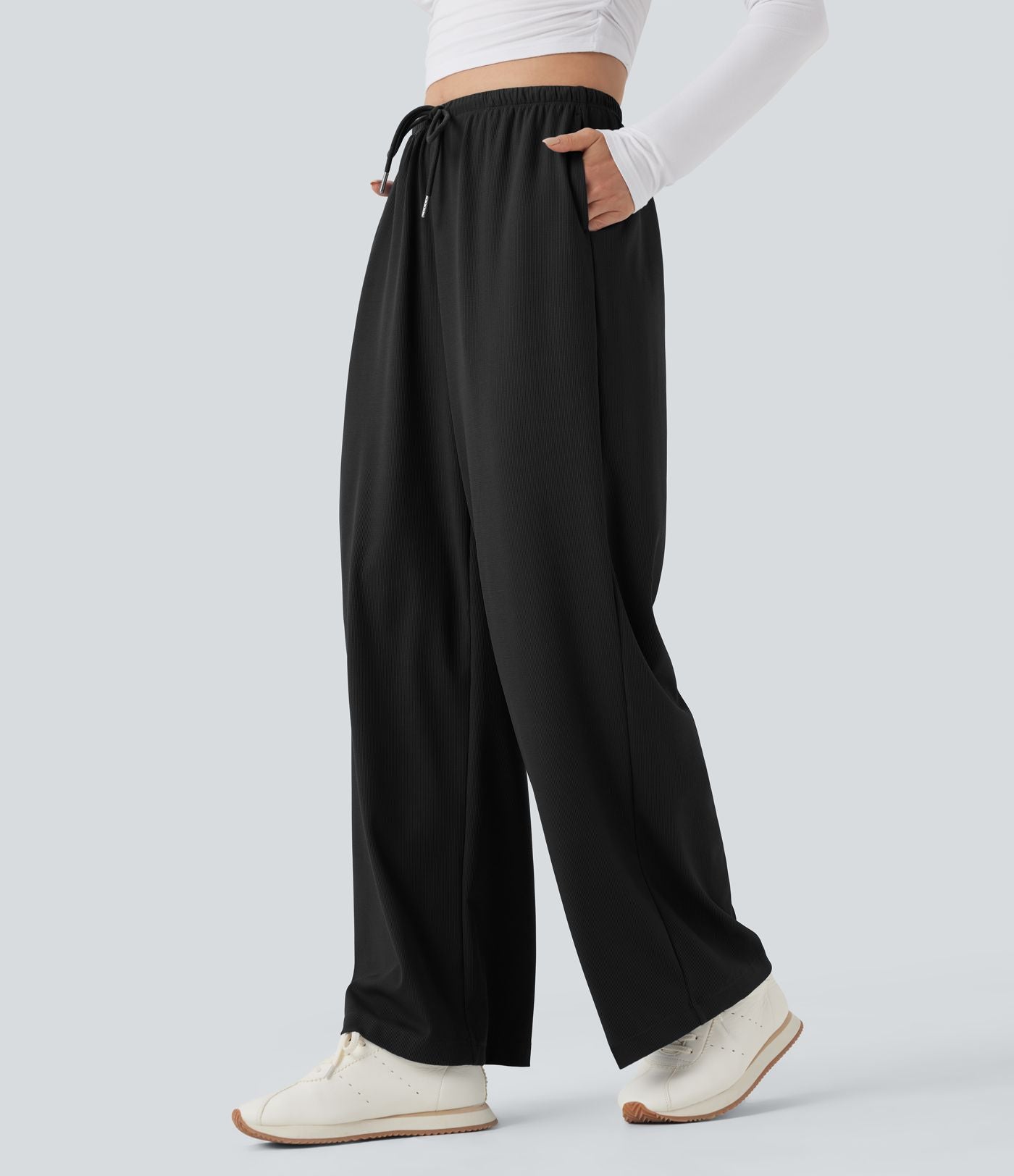 Pantalon de yoga tissu gaufré taille mi-haute jambe droite avec cordon de serrage et poches