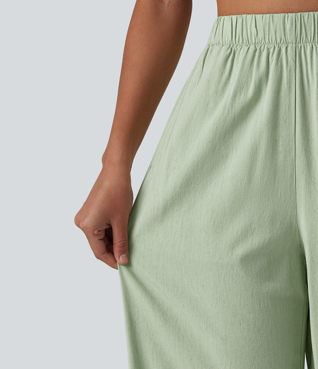 Pantalon casual 7/8 aspect lin stretch coupe droite taille haute avec poches
