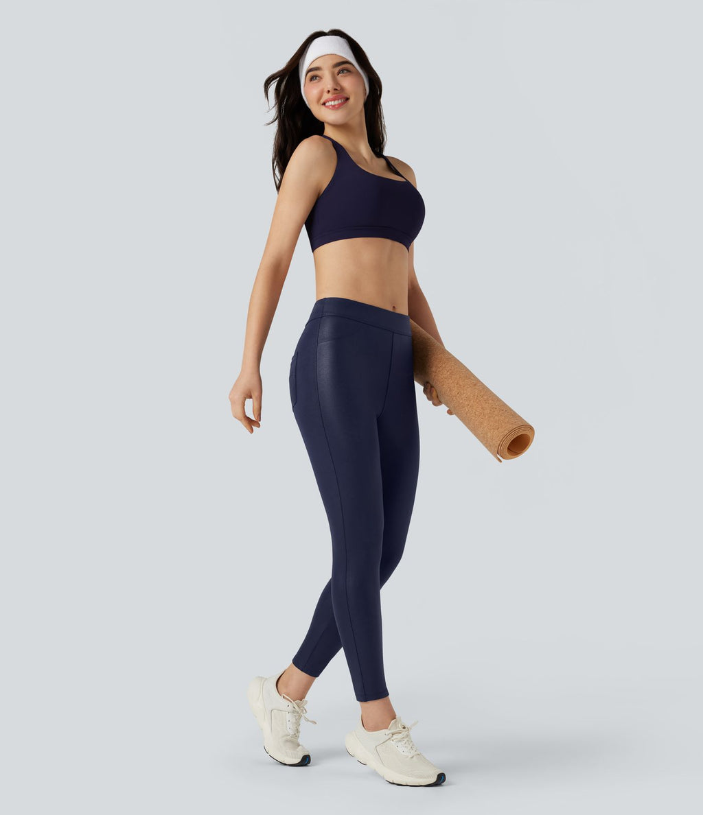 Pantalon de yoga gainant taille haute brillant effet cuir avec poches Halara Ultrasculpt™