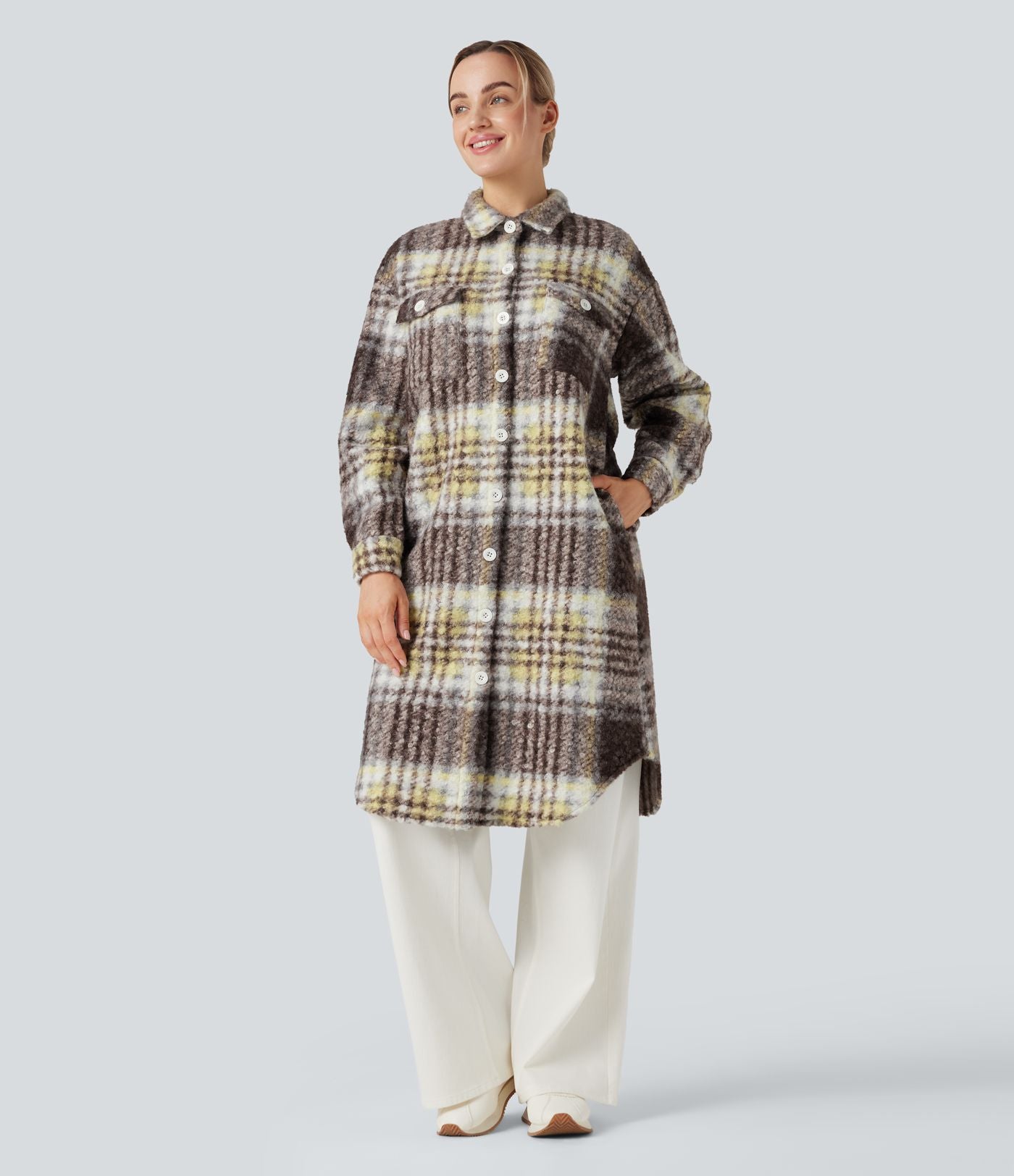 Veste sherpa longue manches longues carreaux avec poches